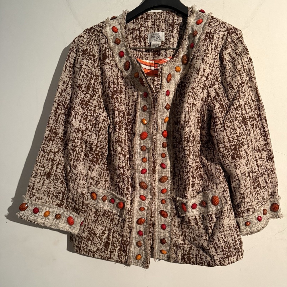 JUST B BROWN BOHO BEADED LINEN BUTTON DOWN JACKET WOMENS VINTAGE SIZE Large